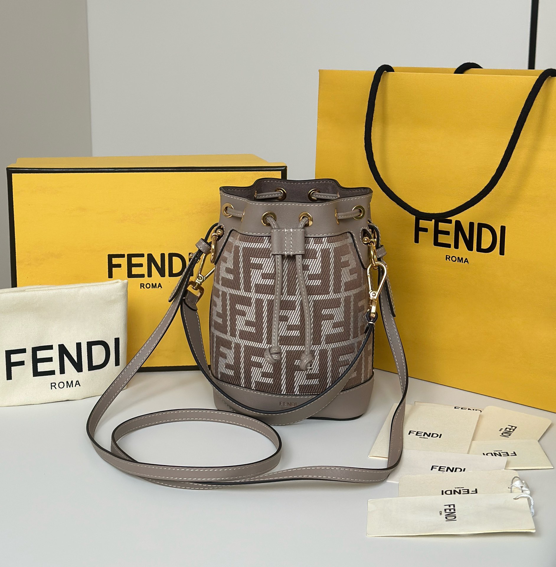 [15A] Fendi Grey / Blue  FF Jacquard Canvas Mon Tresor Mini Drawstring Bucket Bag