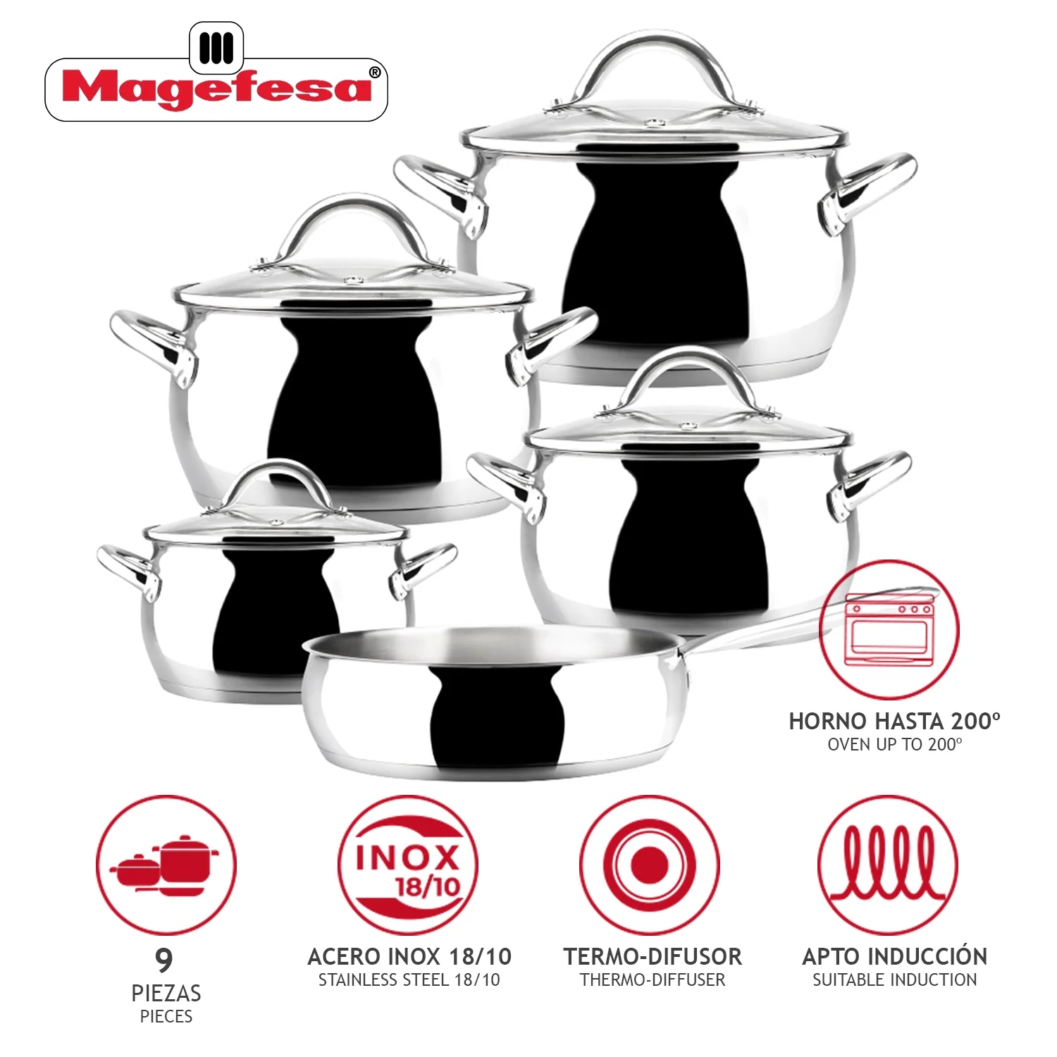 Magefesa Kuchen 9-Piece Stainless Steel Cookware Set, Includes Four Pots and a Frying Pan with Glass Lids and Ergonomic Handles, Suitable for All types of Stovetops including Induction