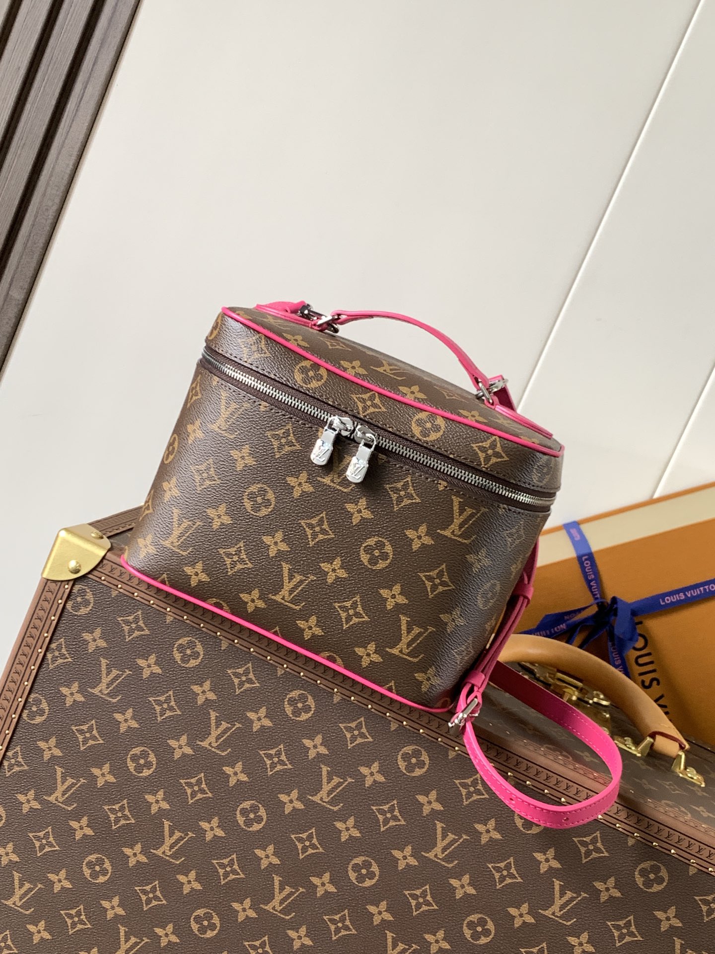 LV BB Nice Vanity Case Box Colored Trim Monogram Coated Canvas Shoulder Top Handle Bag