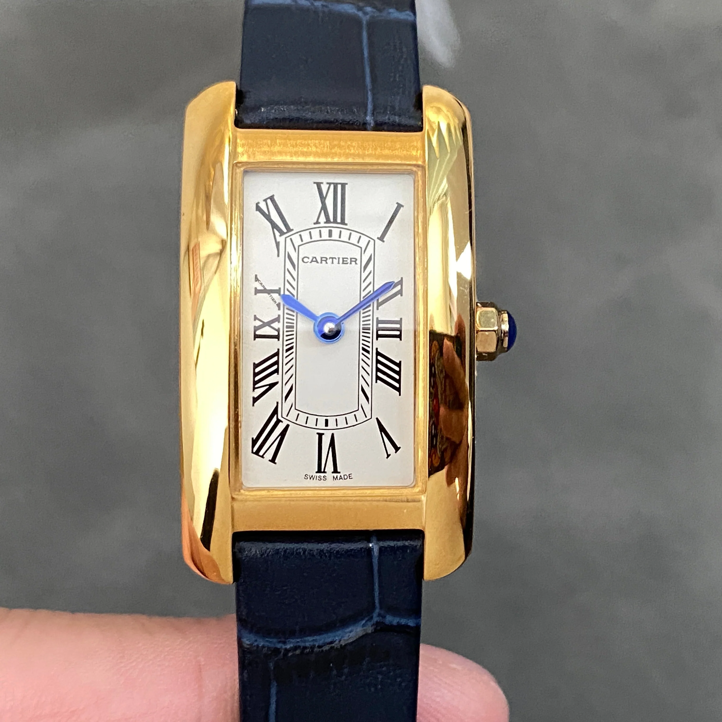 Cartier Watch Tank Americane 20mm Gold Case Black Leather Strap
