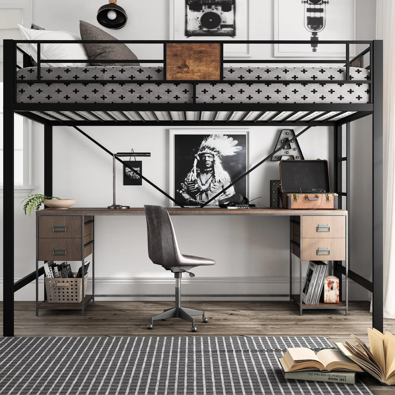 Amolife Metal Twin Size Loft Bed Frame with Stairs & Full-Length Guardrail, Rustic Wood, Black Frame (Desk not included)