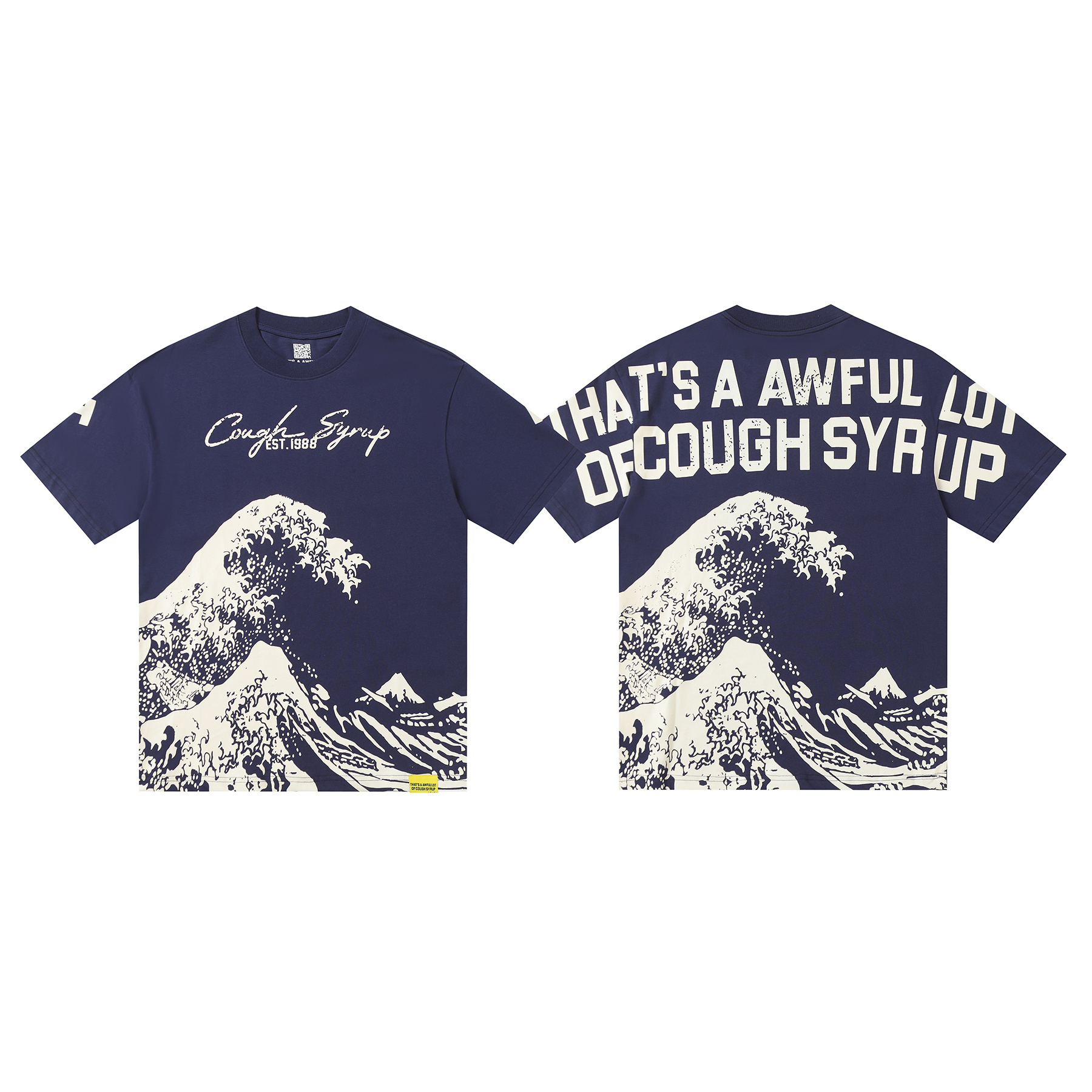 Dark blue mountain and sea wave print short-sleeved shirt