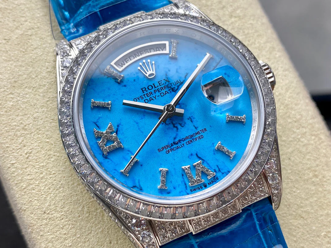 ROLEX Watch Day-Date 36mm Diamond Blue Leather
