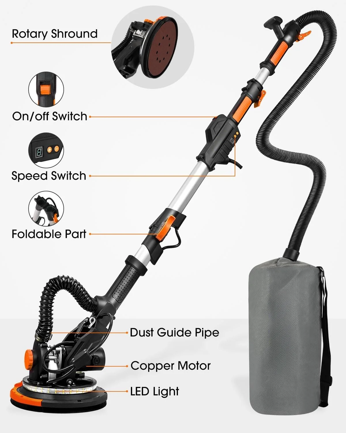 "Electric Drywall Sander with Vacuum Dust Collection, Variable Speed, LED Light, Foldable Handle, Includes Sanding Discs & Grids for Home & Professional Use"