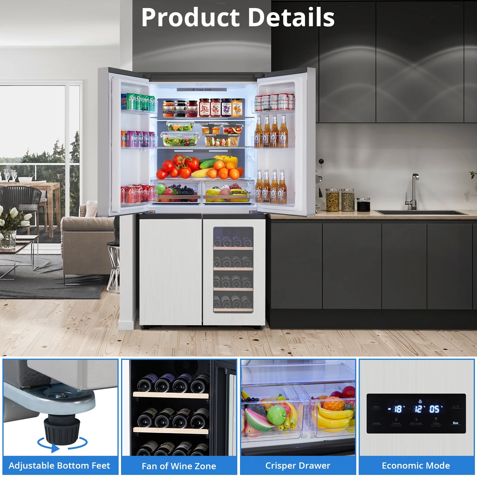 Tookss 21 Cu.Ft French Door Refrigerator, Counter Depth Stainless Steel Refrigerators, Multifunctional Fridges with Freezer, Refresh, and Wine Cooler for Kitchen, Bedroom, Office, Dorm