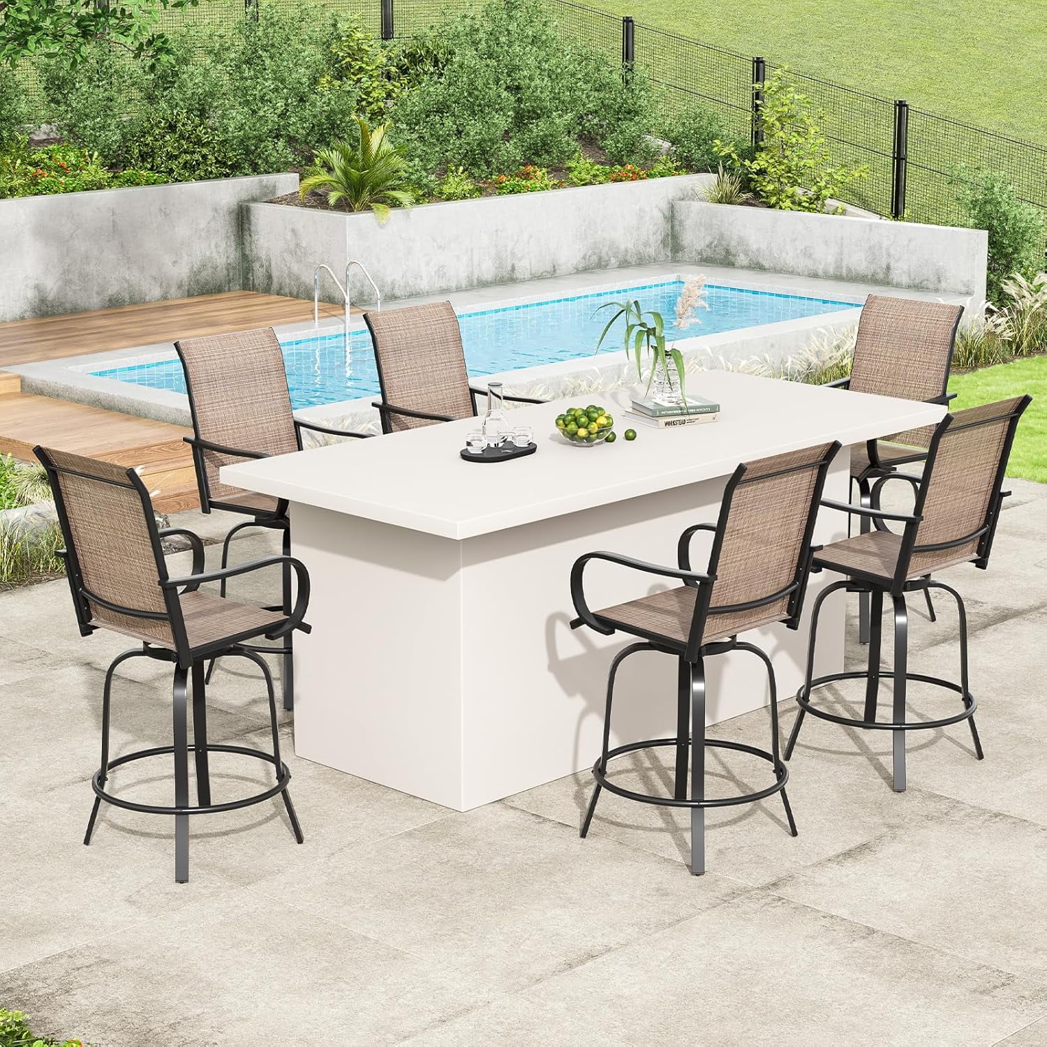 Farini Outdoor Bar Stools Set of 2, 360Swivel Patio Barstools with Textile Fabric,Ergonomic Comfort Bar Height Tall Outdoor Stools for Balcony,Brown