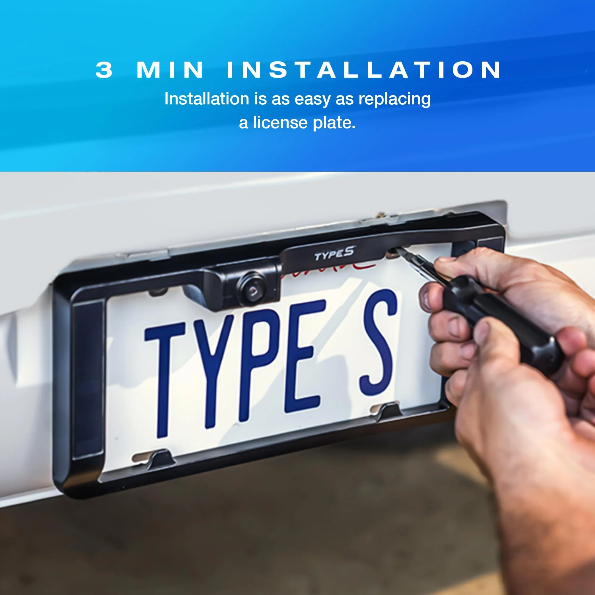 TYPE S Solar Powered Wireless Backup Camera with Backup Proximity Sensor License plate frame design, 3 min installation, universally compatible 6 HD dashboard monitor with motion sensor activation
