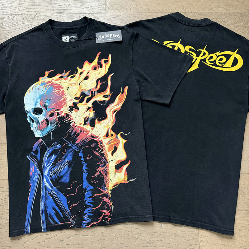 Black leather jacket with skull and flaming prints, short-sleeved