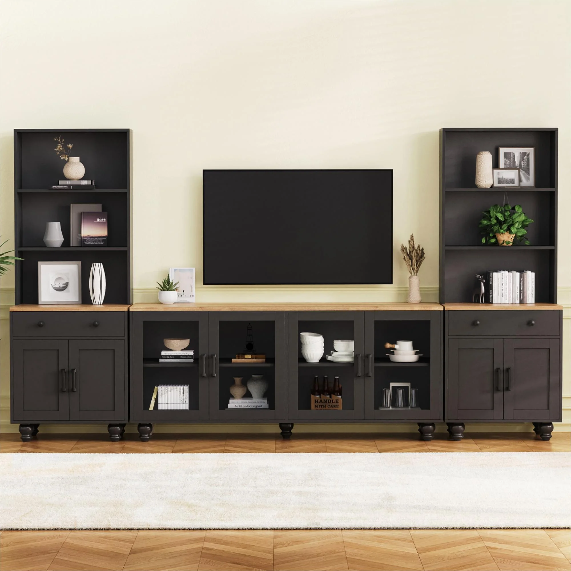 Euroco 110" Entertainment Center Wall Unit Set with Glass Display Cabinets, Adjustable Shelves & Vintage TV Stand for TVs up to 85", Farmhouse Style Media Console with Storage, Gourd Legs