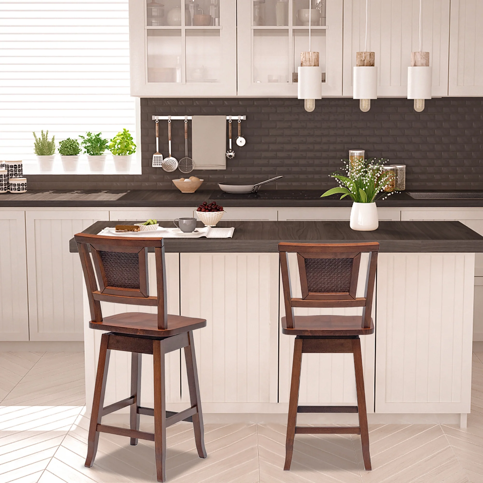 Costway Set of 2 Swivel Bar Stools Counter Height Rubber Wood Pub Chairs w/ Rattan Back Brown