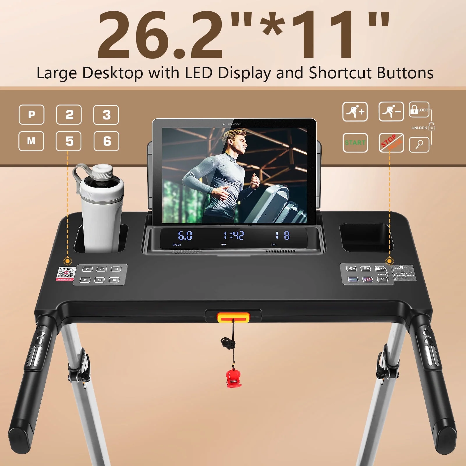 Simpfree Treadmill with Height-Adjustable Desk, 300LBS Folding Treadmill with Incline\App\Bluetooth Speakers\LED Monitor\64 Programs for Home, 0.6-7.5MPH/h
