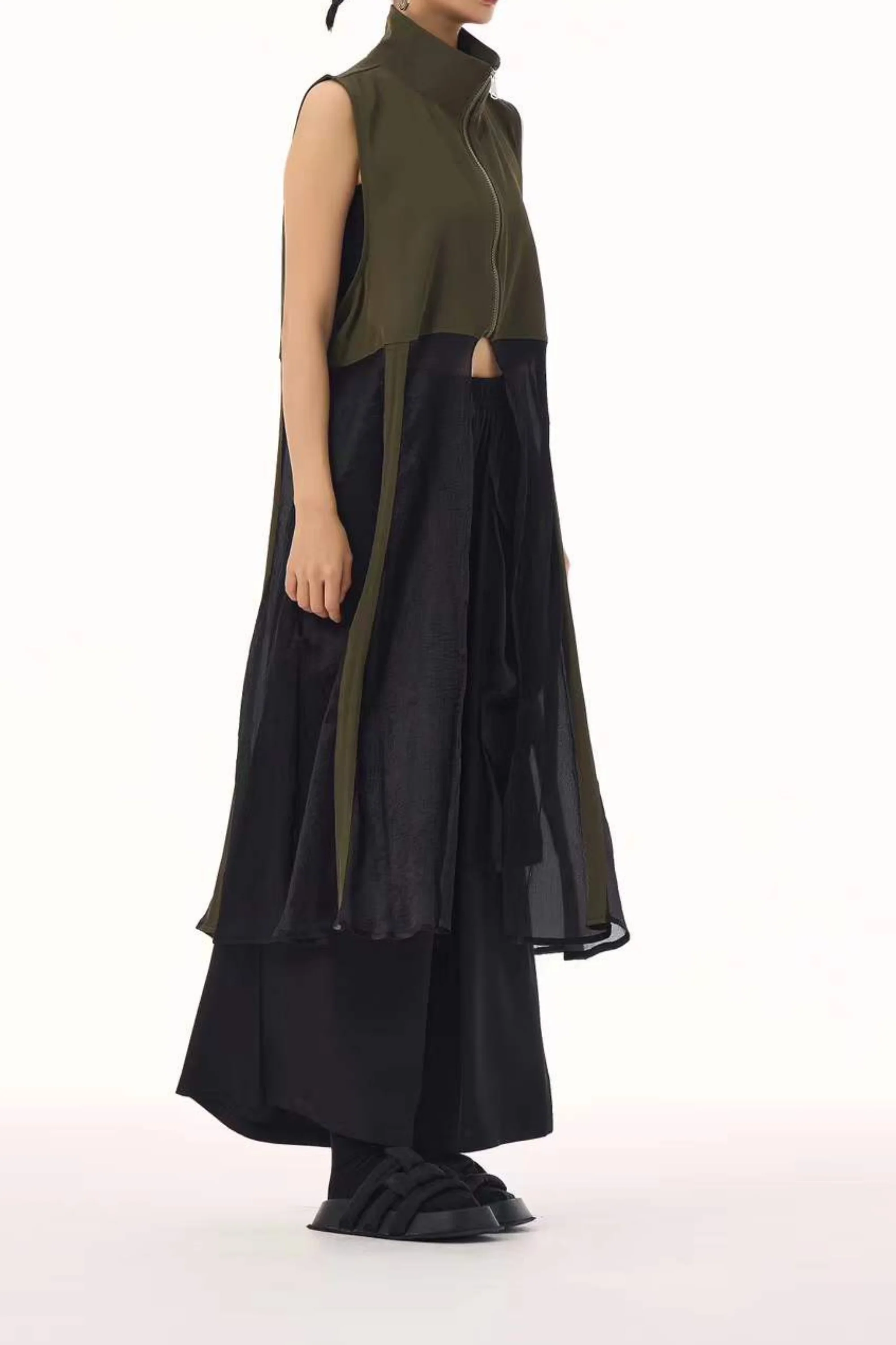 Army Green Zippered Longline Top