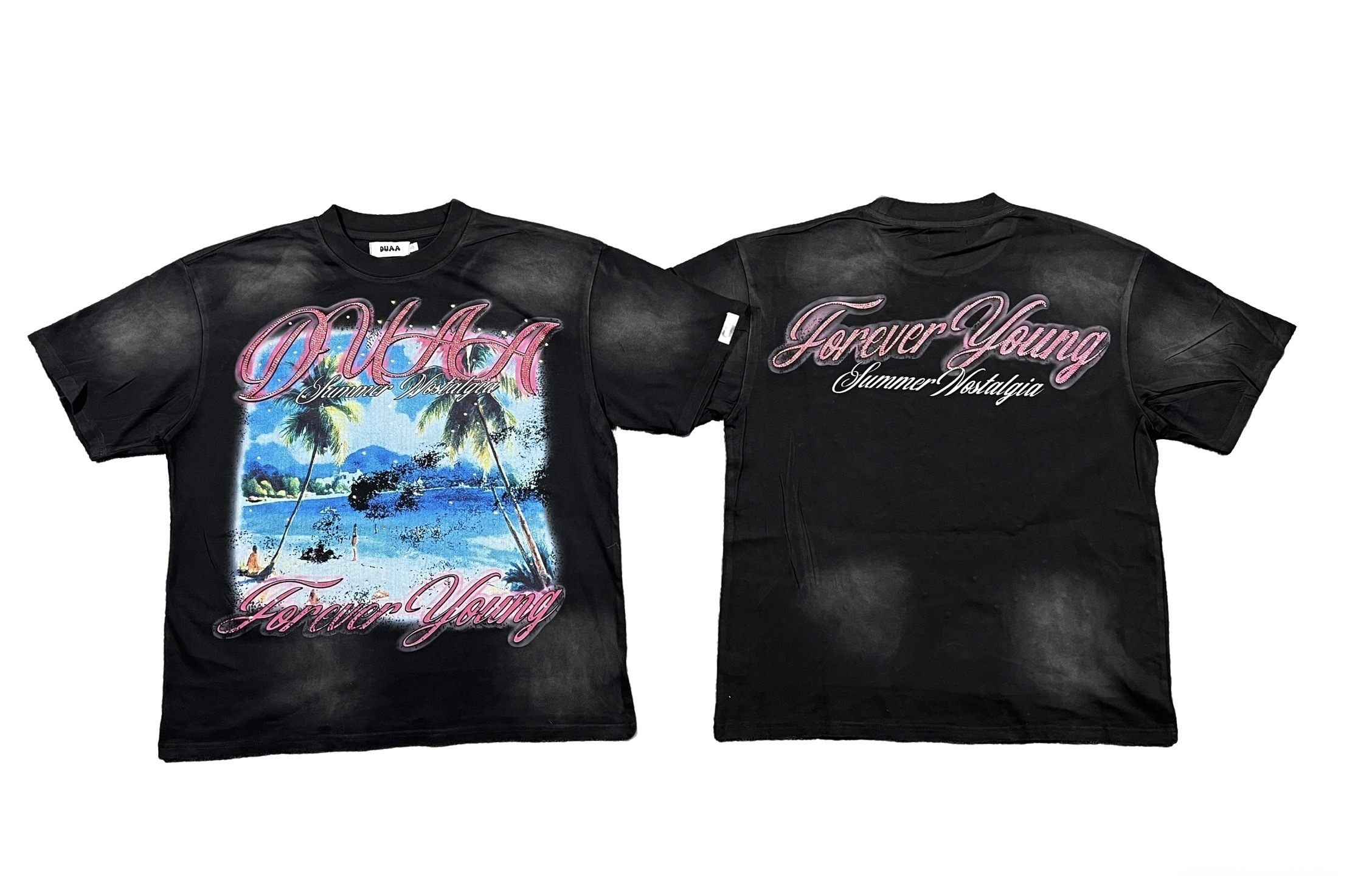 Black washed island resort fresh scenery printed short-sleeved shirt