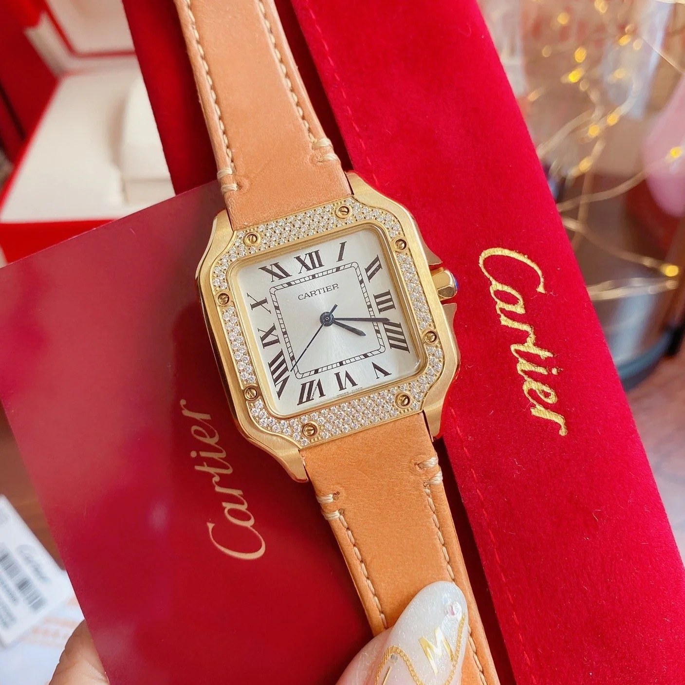 Cartier Watch SANTOS LADY 35MM QUARTZ 35MM GOLD CASE DIAMOND BEZEL LEATHER