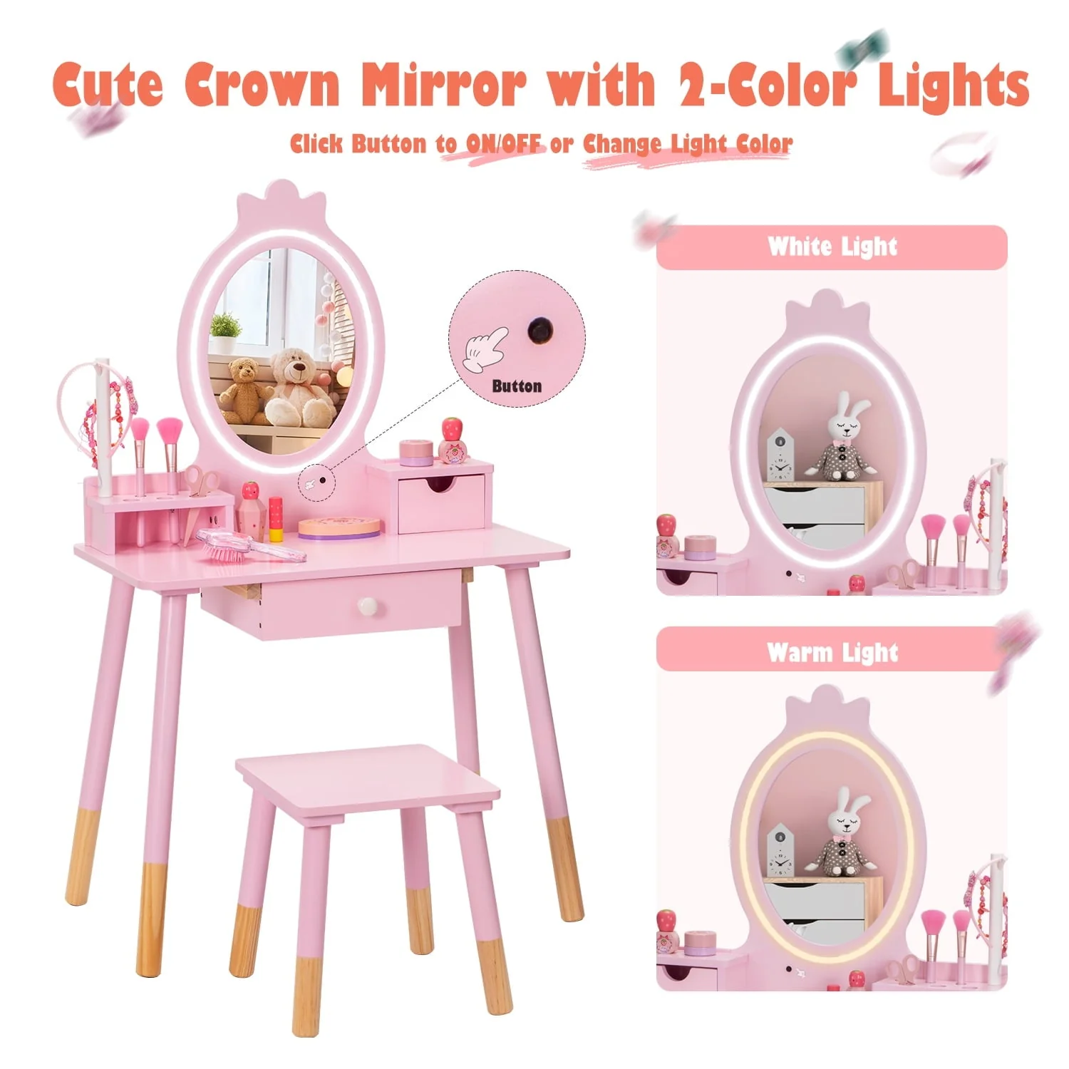 BRINJOY Kids Vanity Set with Mirror, Wooden Make Up Beauty&nbsp;Dressing Table with Lights & Stool & Jewelry Rack & Storage Board, Children Princess Vanity Table Pretend Playset for Girls