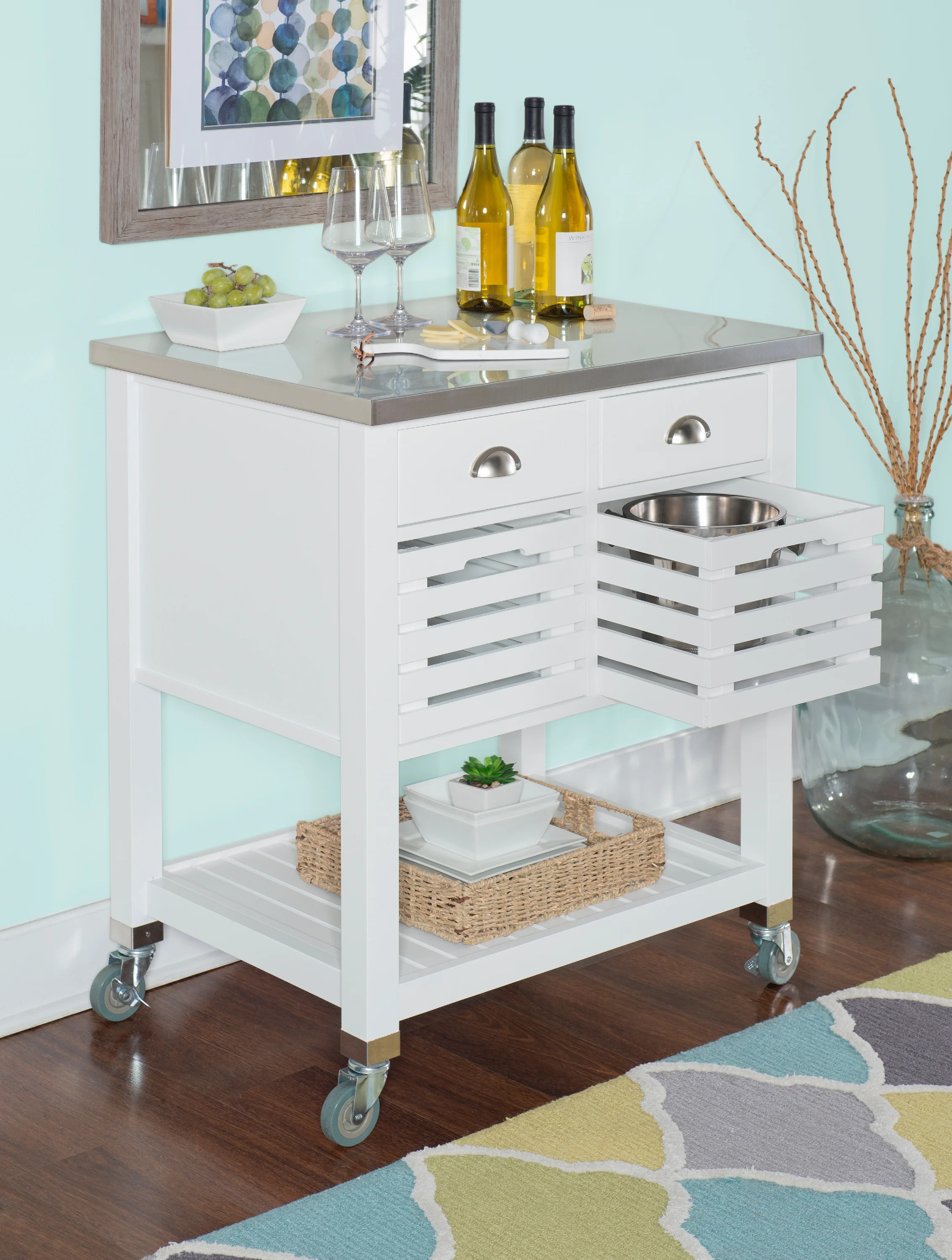Linon Kerr 2-Drawer 2-Tier Mobile Serving Cart with Stainless Steel Top, 22" Length, White
