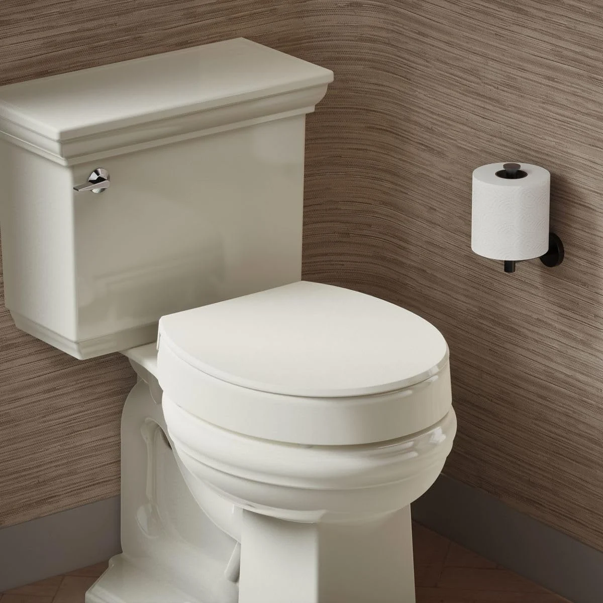 KOHLER 25876-96 Hyten Elevated Quiet-Close Round Toilet Seat, Contoured Seat with Grip-Tight Bumpers, Quick-Attach Hardware, Biscuit
