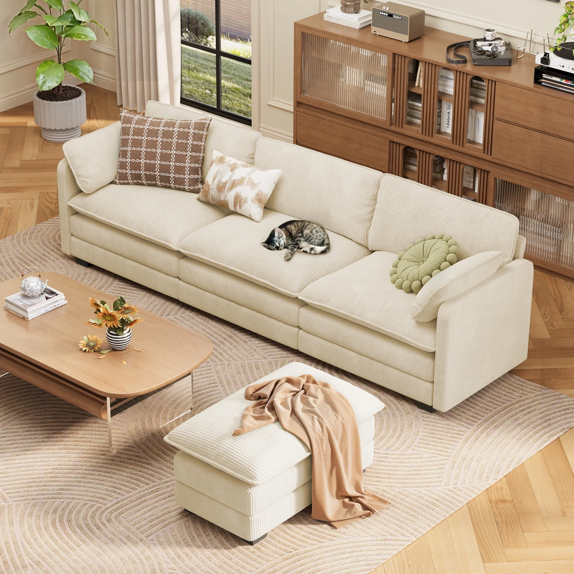 Modular Sectional Sofa ,Lofka Convertible L Shaped Couch with Movable Ottoman, Corduroy Fabric for Living Room ,Beige
