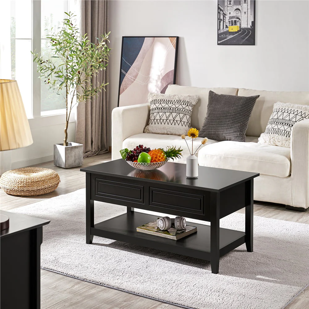 Easyfashion Wooden Lift Top Coffee Table with Hidden Storage and Bottom Shelf, Black