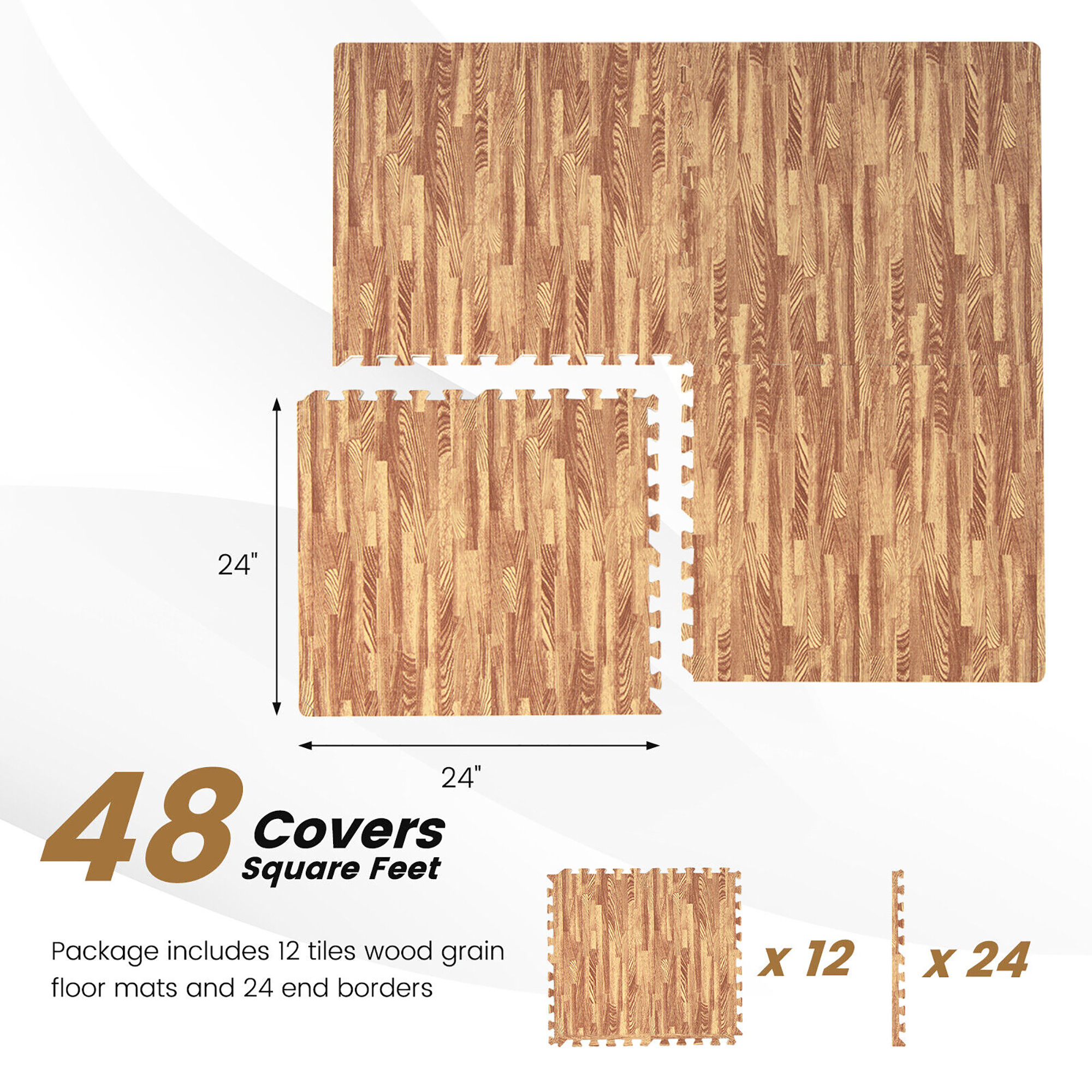 Gymax 24 Tiles Wood Grain EVA Foam Floor Mats Interlocking w/ Borders 24'' Natural