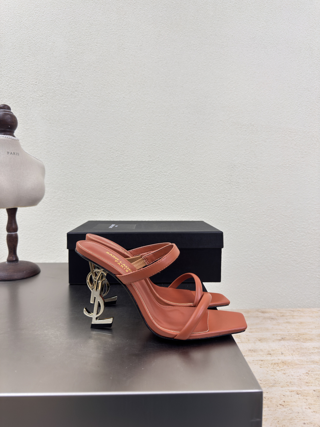 YSL Amber Orange Smooth Leather Square Toe Metal YSL Logo Opyum Heel Backless Mules Sandals