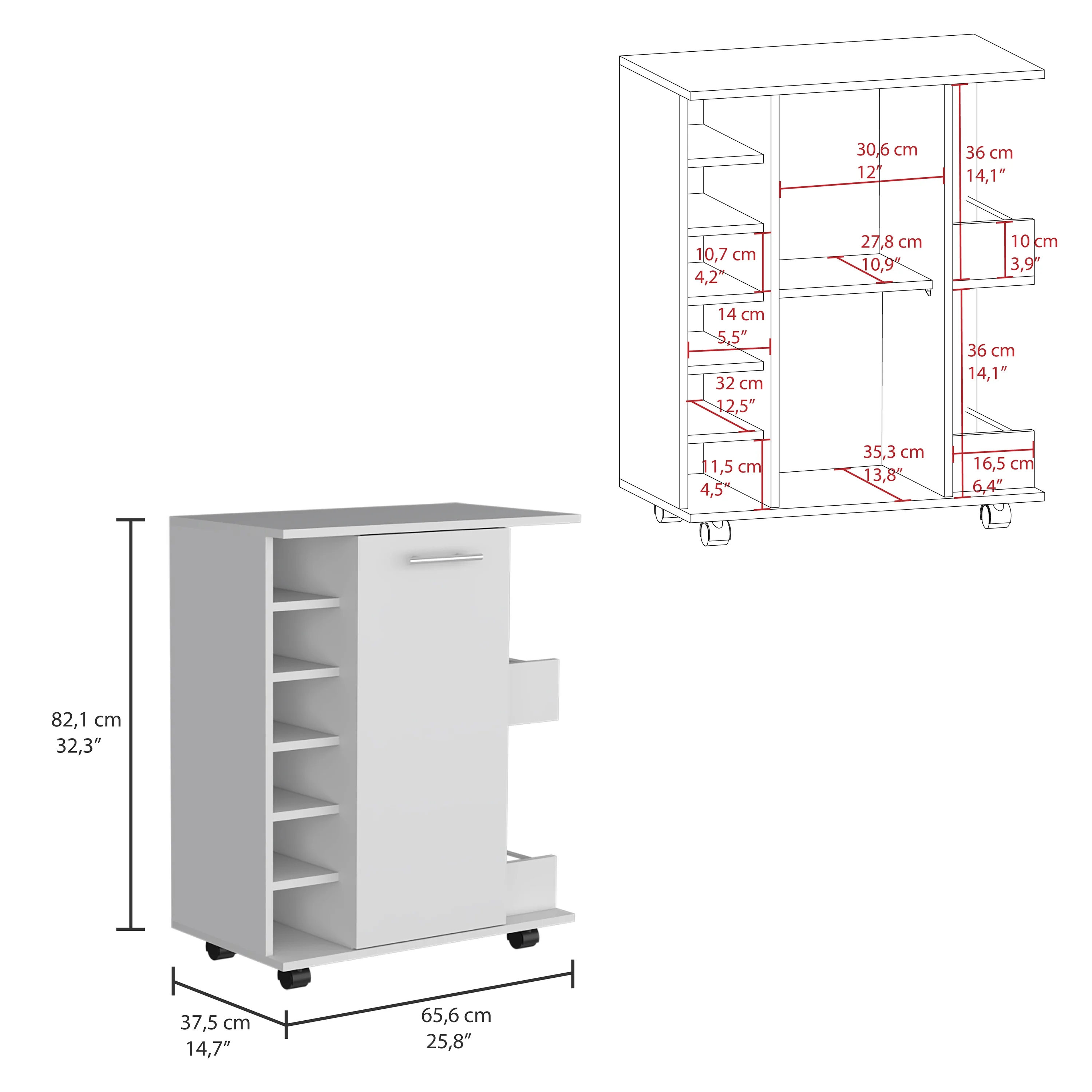 Royard Oaktree Modern Coffee Bar Cabinet wit Wheels, Home Bar Cart with Door, 6-bottle Wine Rack, and Storage Shelves, Small Wine Bar Cabinet for Kitchen, Living Room, Dining Room, White