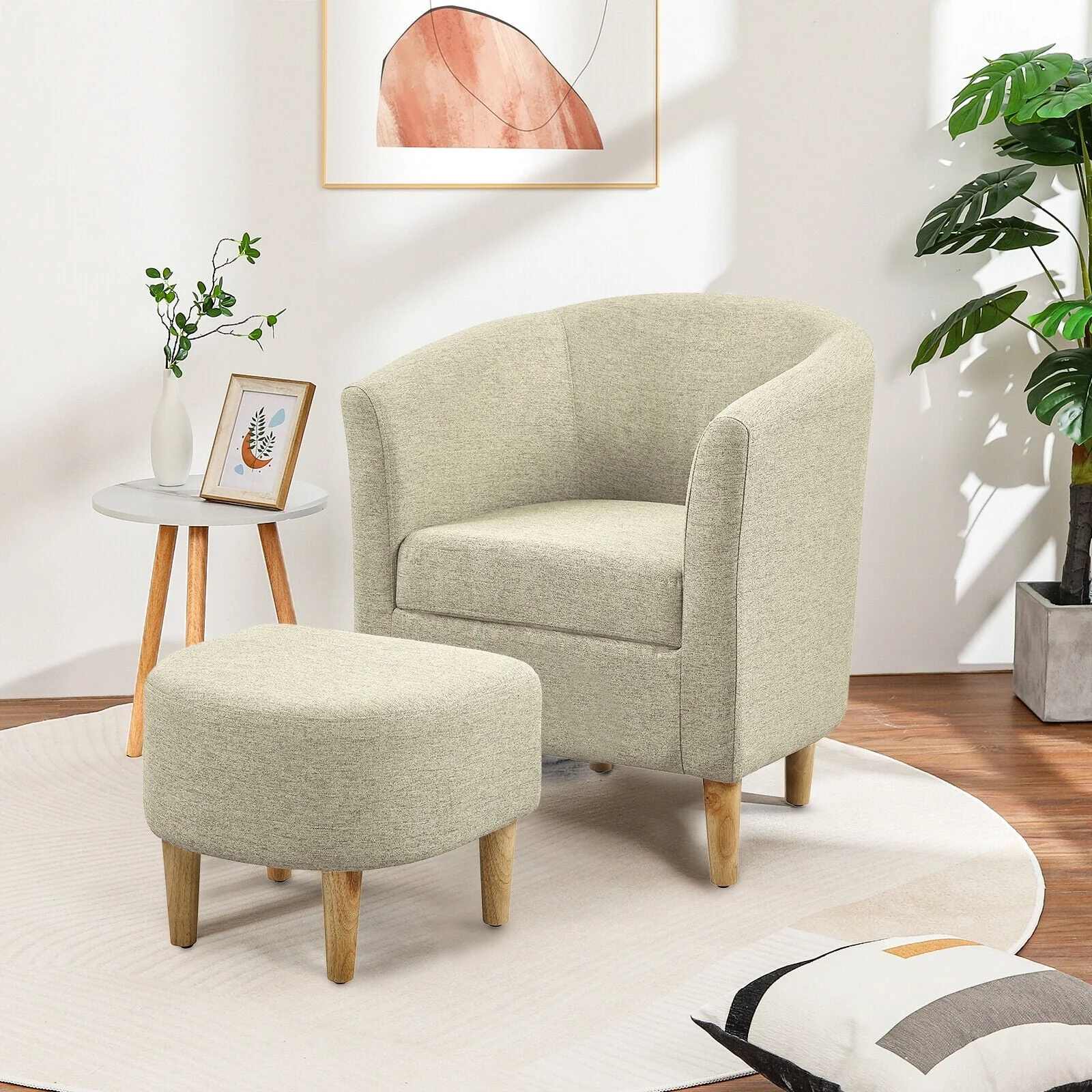 Lohoms Accent Arm Chair With Ottoman Set, Modern Home Leisure Chair with Footrest, Comfy Upholstered Armchair Single Sofa, Reading Chair with Solid Wood Legs for Living Room Bedroom, Gray