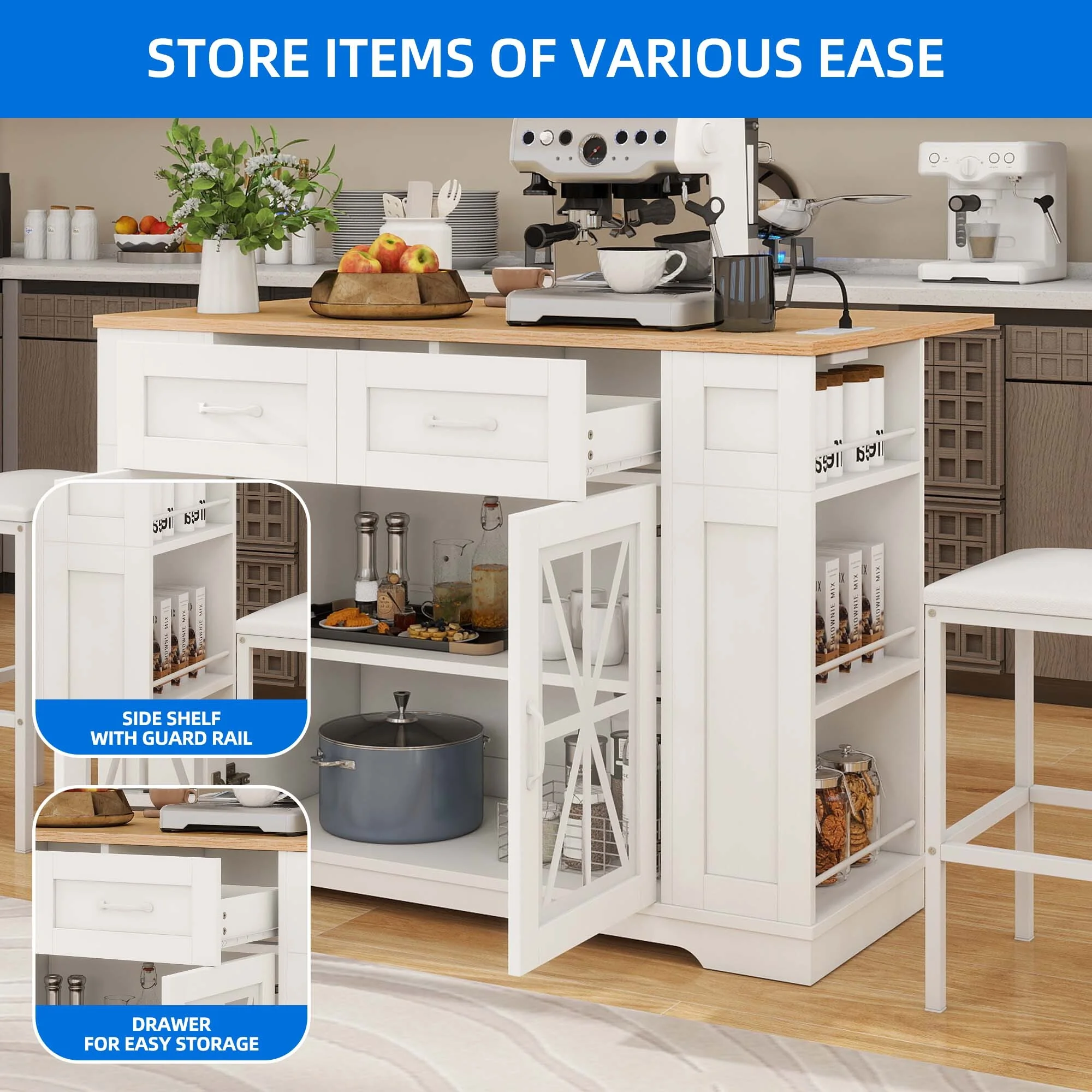 DEXTRUS Kitchen Island with Seating & Drop Leaf, Kitchen Island on Wheels with Doors & Drawers, White