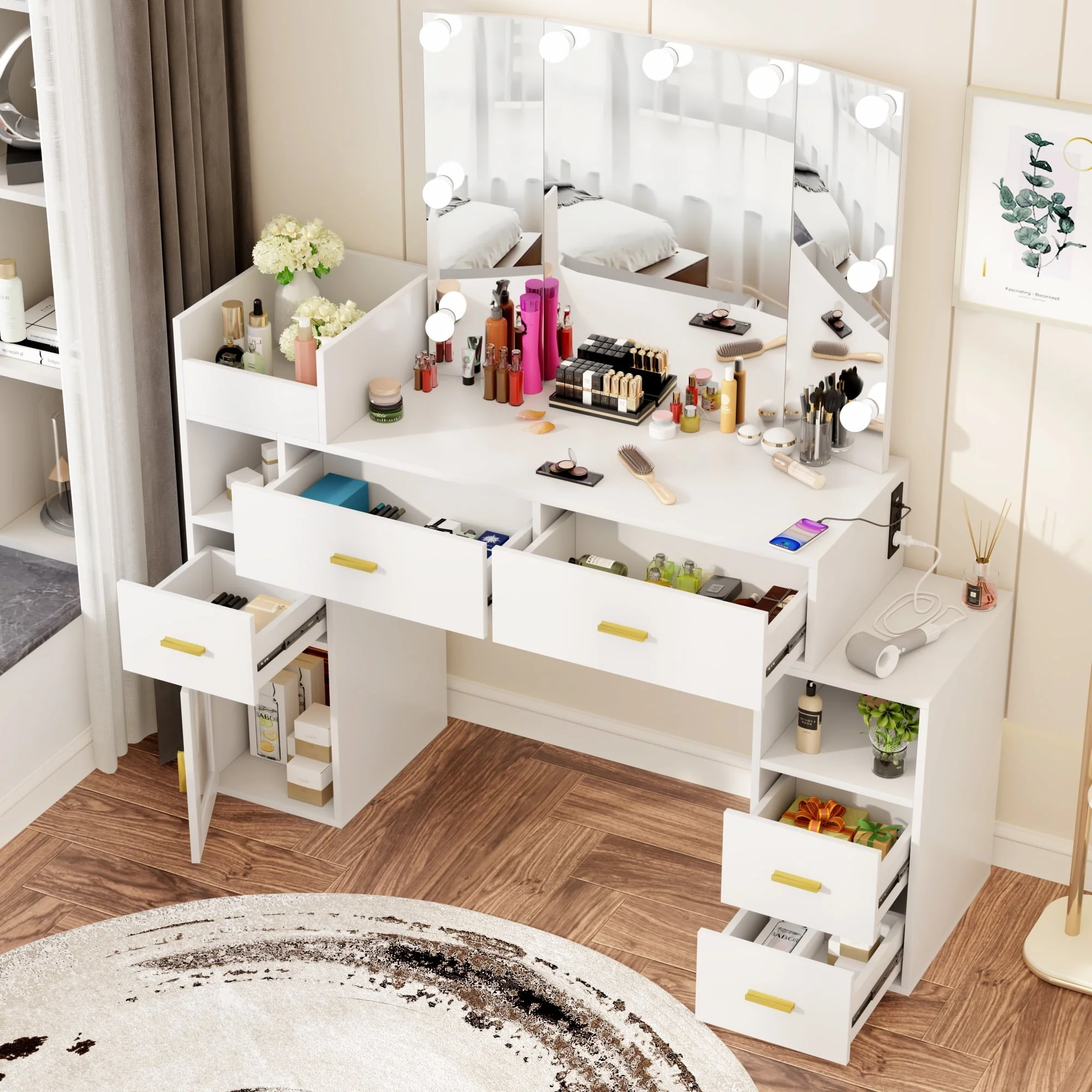 VIVISPECIAL Vanity Set with Lighted Mirror, Makeup Vanity with 3 Lighting Options and Charging Station, Large Vanity Desk with Storage Shelves, 5 Drawers, Glass Cabinet