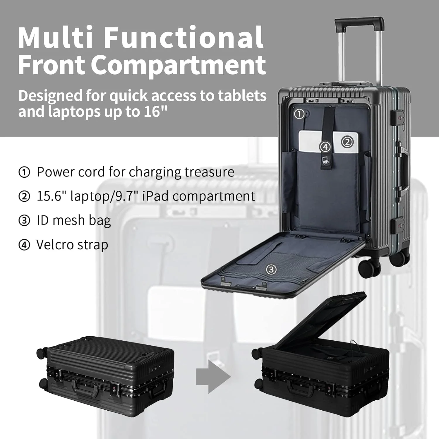 Carry-On Luggage with USB Charging Port, Front Compartment, TSA Lock, Airline Approved Carry On Hardside Suitcase with Spinner Wheels (Grey, 20inch)