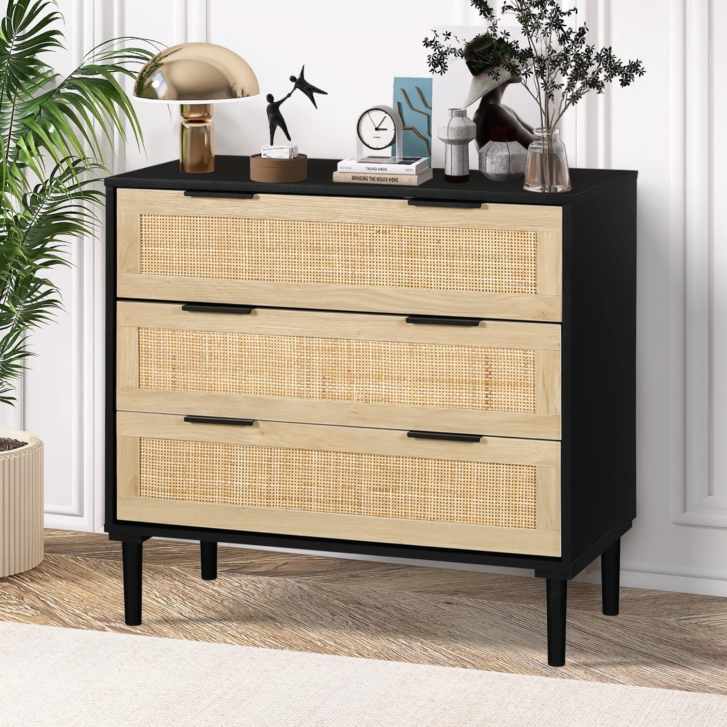 LAZZO 3 Modern Drawer Dresser Rattan, Wooden Dresser Chest of Large Storage Cabinet