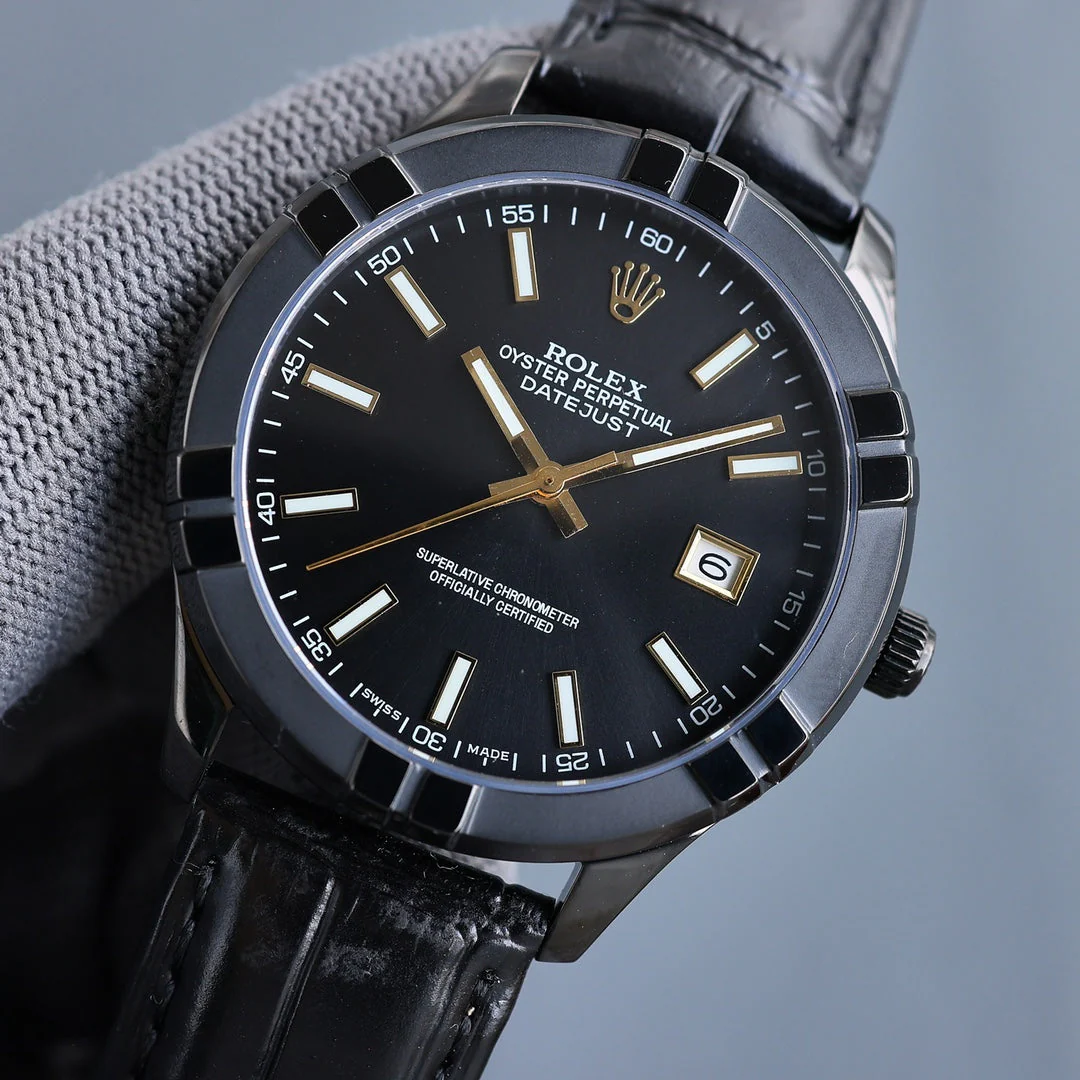 Rolex Watch 25 Datejust 40mm Black White Calfskin Belt