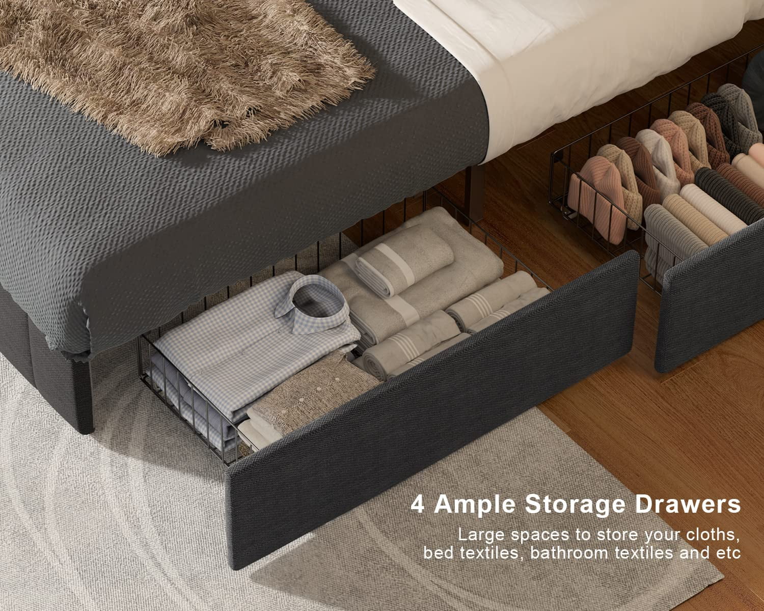 Aiho Bed Frame Queen with 4 Storage Drawers for Bedroom, Dark Grey