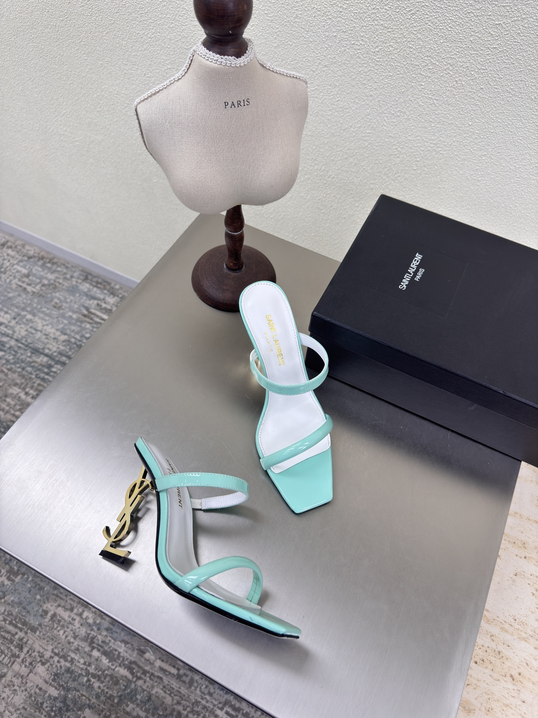 YSL Mint Green Patent Leather Square Toe Metal YSL Logo Opyum Heel Backless Mules Sandals