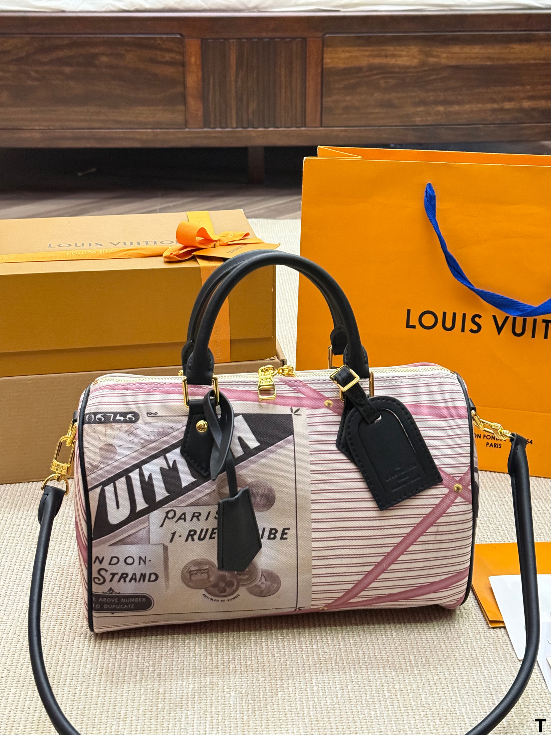 LV Speedy 30 Trunk Stripe Newspaper Print Canvas Leather Boston Top Handle Bag