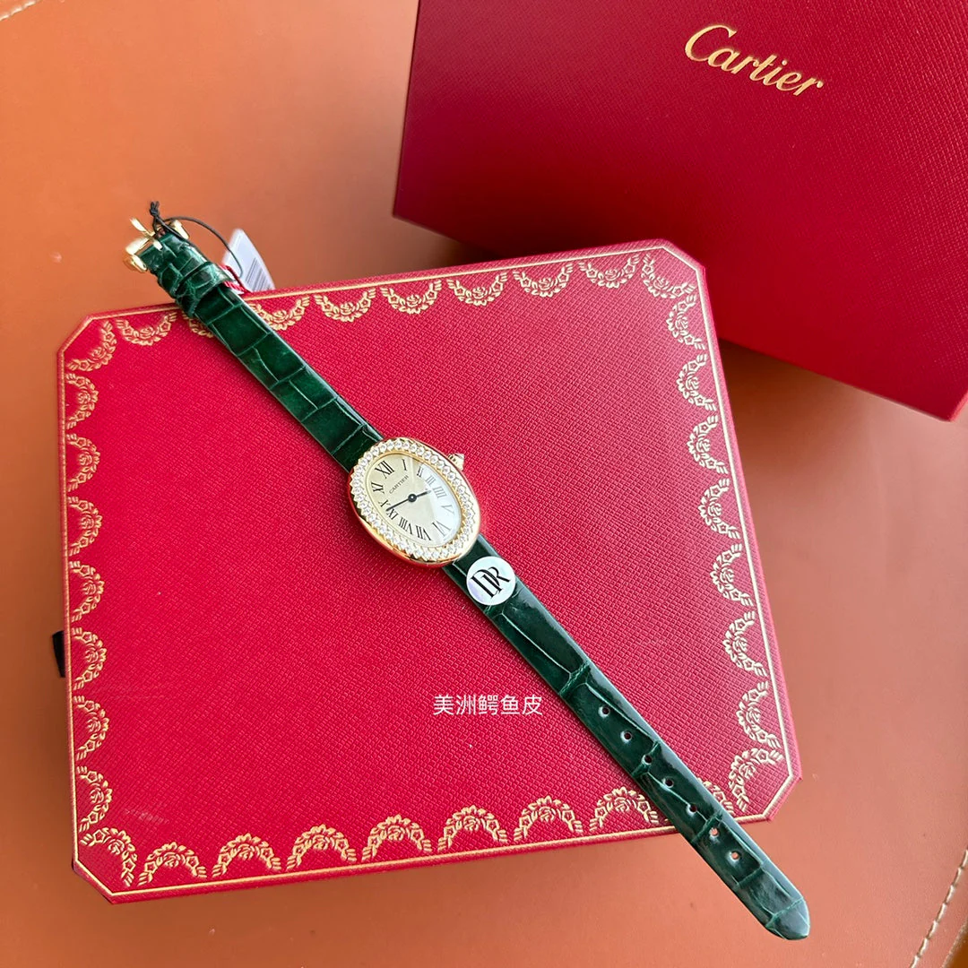 Cartier Watch Baignoire 23mm Pink Gold Case Diamond Bezel Dark Green Leather Strap