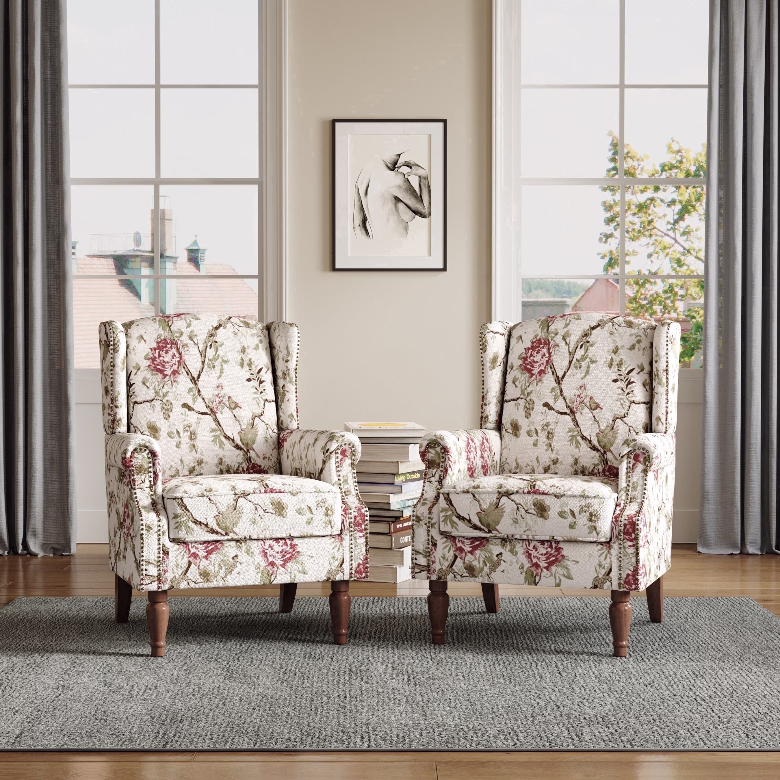 DREAMSIDEA Wingback Accent Chairs Set of 2 Upholstered High Back Chairs Living Room with Solid Wood Frame, Button-Tufted Green