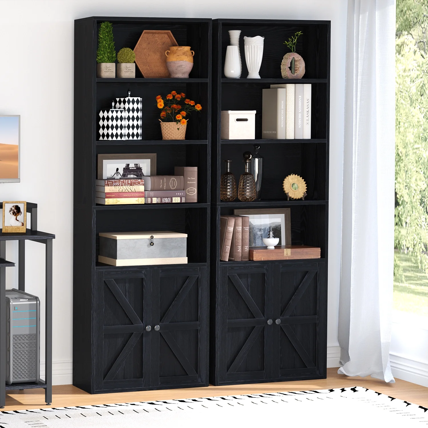 Easoger 6 Tier Bookcase Set of 2, Bookshelves with Barn Cabinet Doors, Floor Bookshelves for Home Office, Living Room, Black