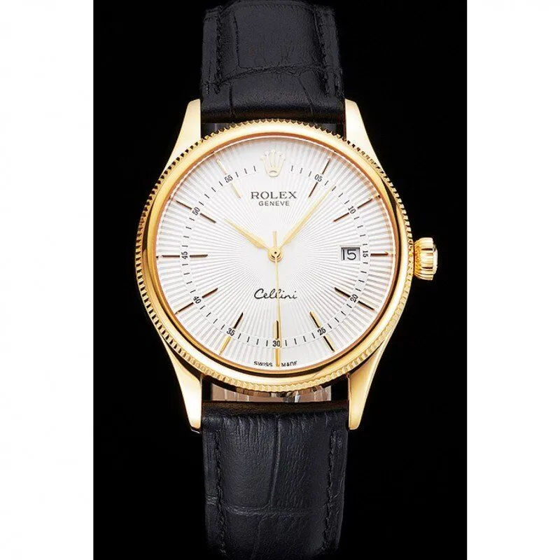 Swiss Rolex Cellini Date White Dial Gold Case Black Leather Strap