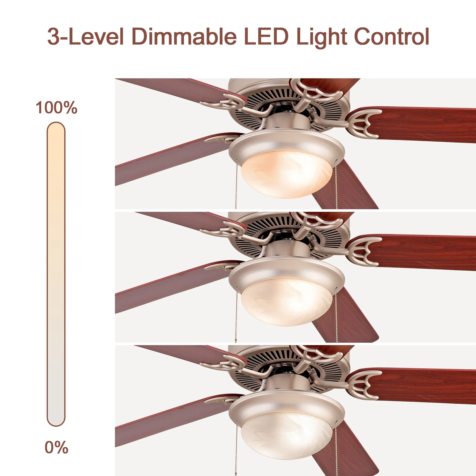 Simpol 52" Prominent Indoor Ceiling Fan with LED Light, Pull Chain and Remote Control, Reversible AC Motor, Walnut/Silver Reversible Blades and Satin Nickel Finish