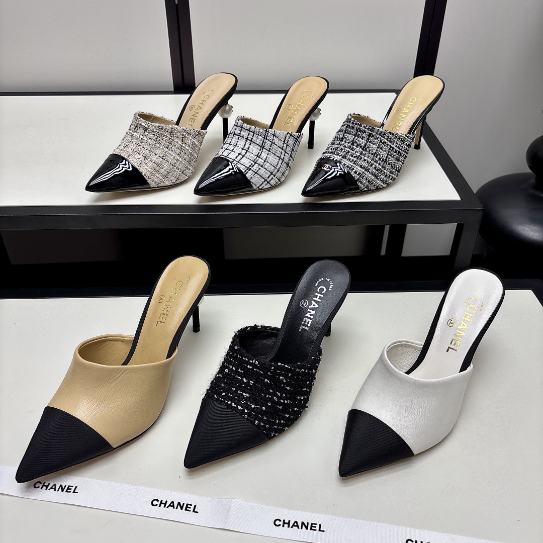 Chanel Tweed & Leather Pointed Toe Pearl Kitten Heel Slingback Mules Sandals