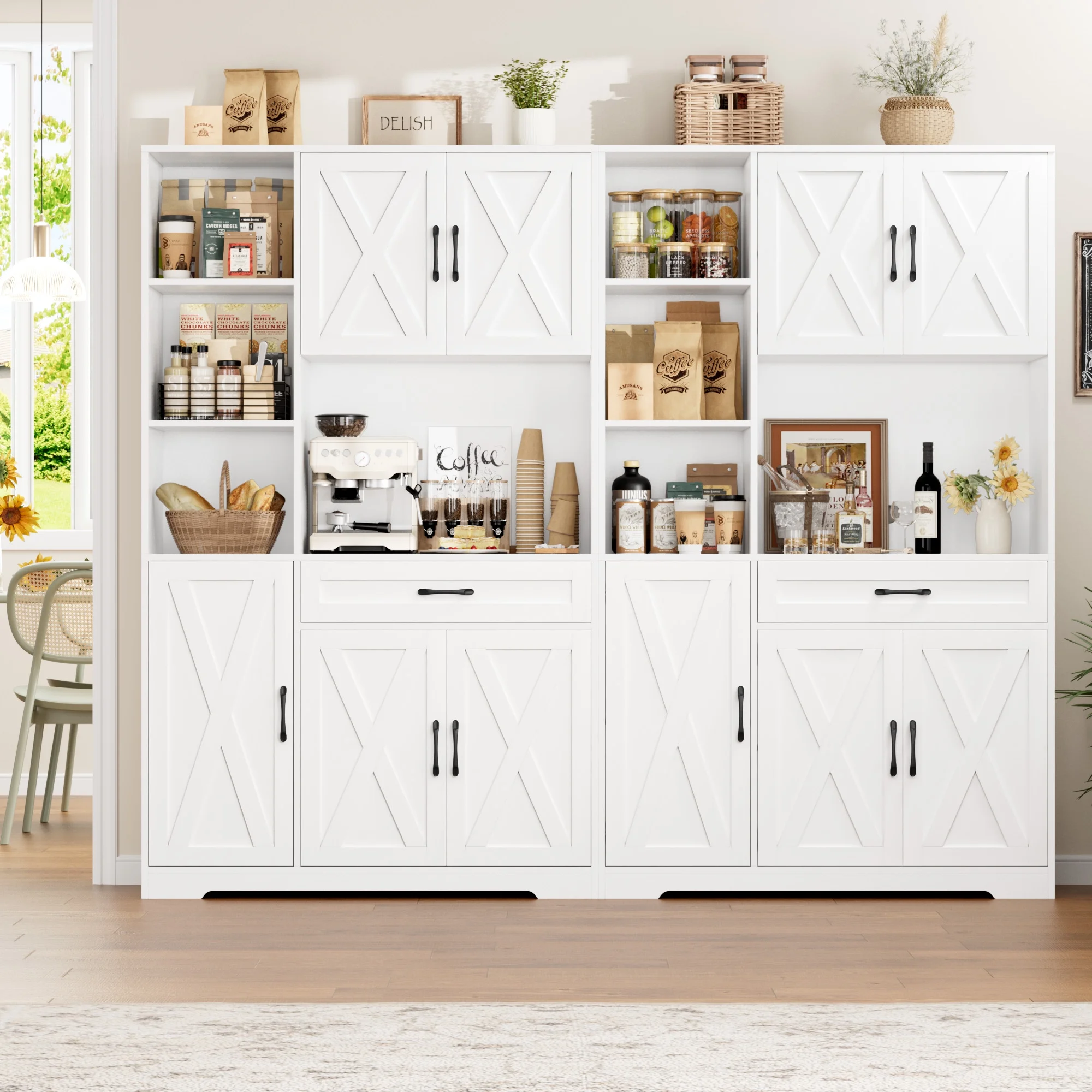 Hiphuta 71" Farmhouse Kitchen Pantry Storage Cabinet, Modern Coffee Hutch with Doors and Drawer, Shelves & Microwave Stand, Sturdy Cupboard for Dining Room, White