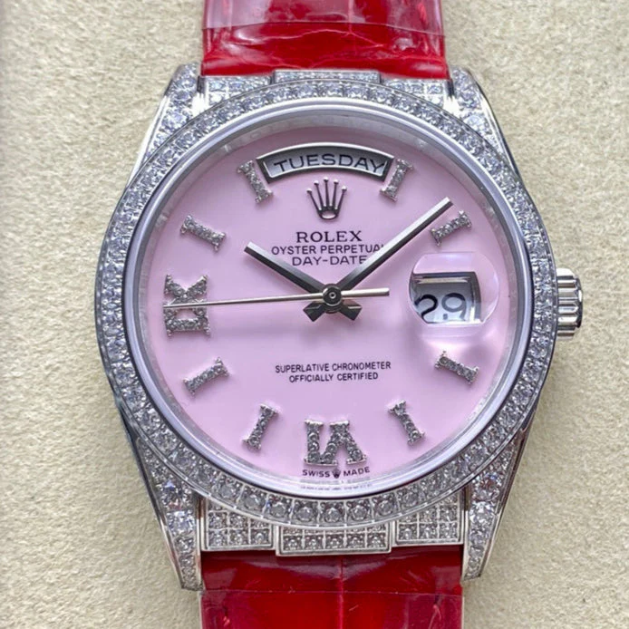 ROLEX Watch Day-Date 36mm Diamond Red Leather Pink Dial