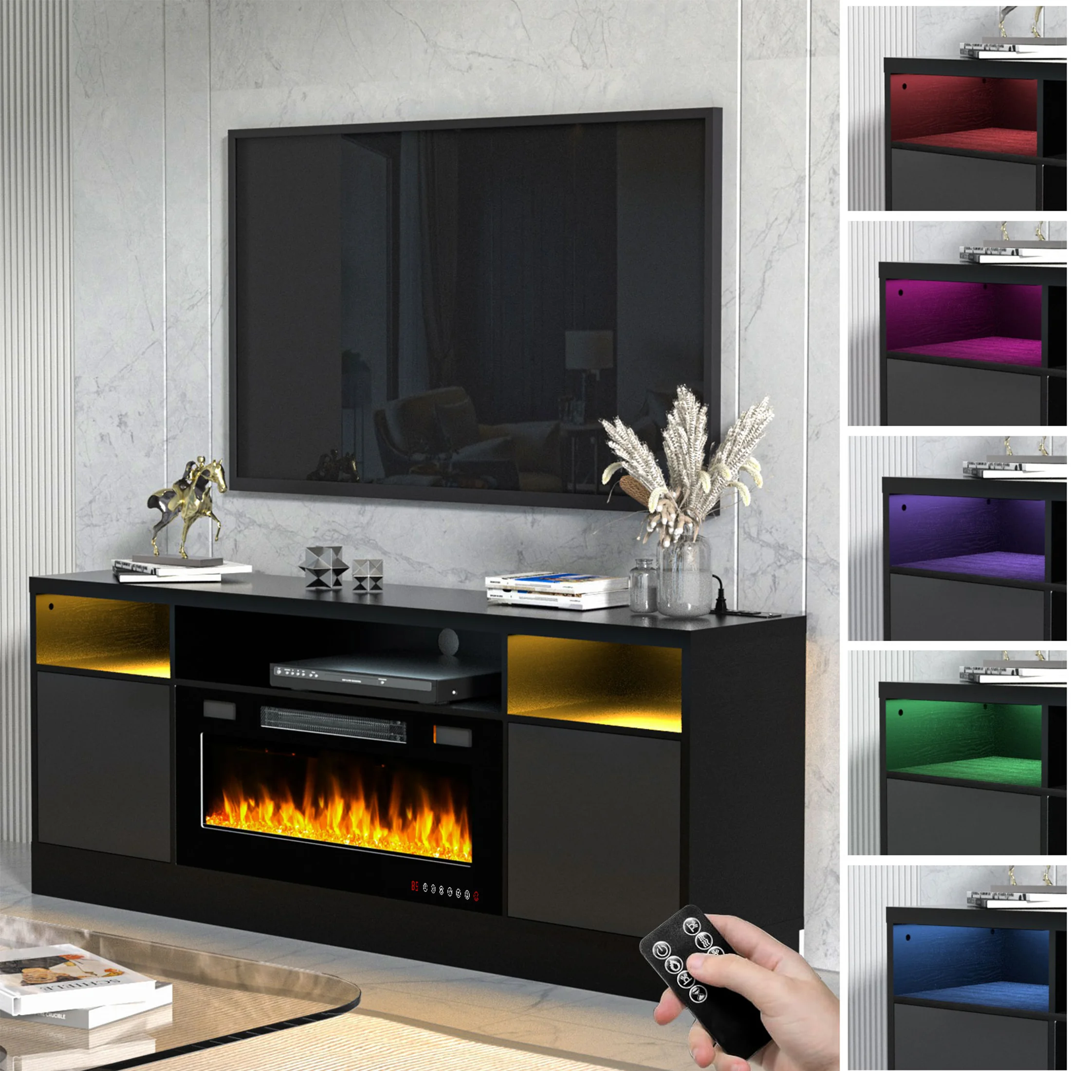 BREEZEHEAT Electric Fireplace TV Stand-70 inch TV Stand with 36" Electric Fireplace-Living Room Tv Cabinet with Storage for TVs Up to 80"-Led Entertainment CenterModern Media Console (Black)