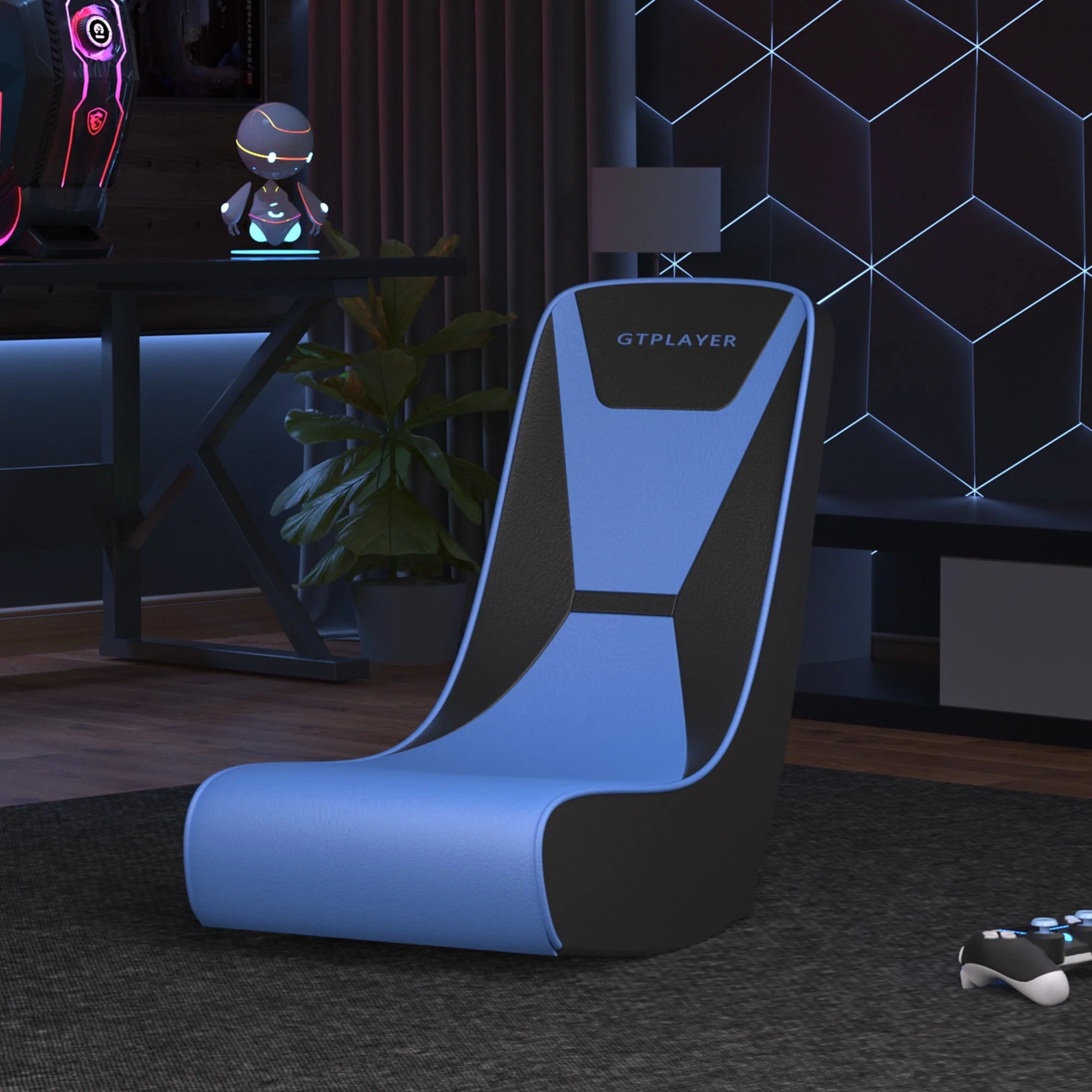 GTRACINGFaux Leather Floor Rocker Video Gaming Chair, Blue