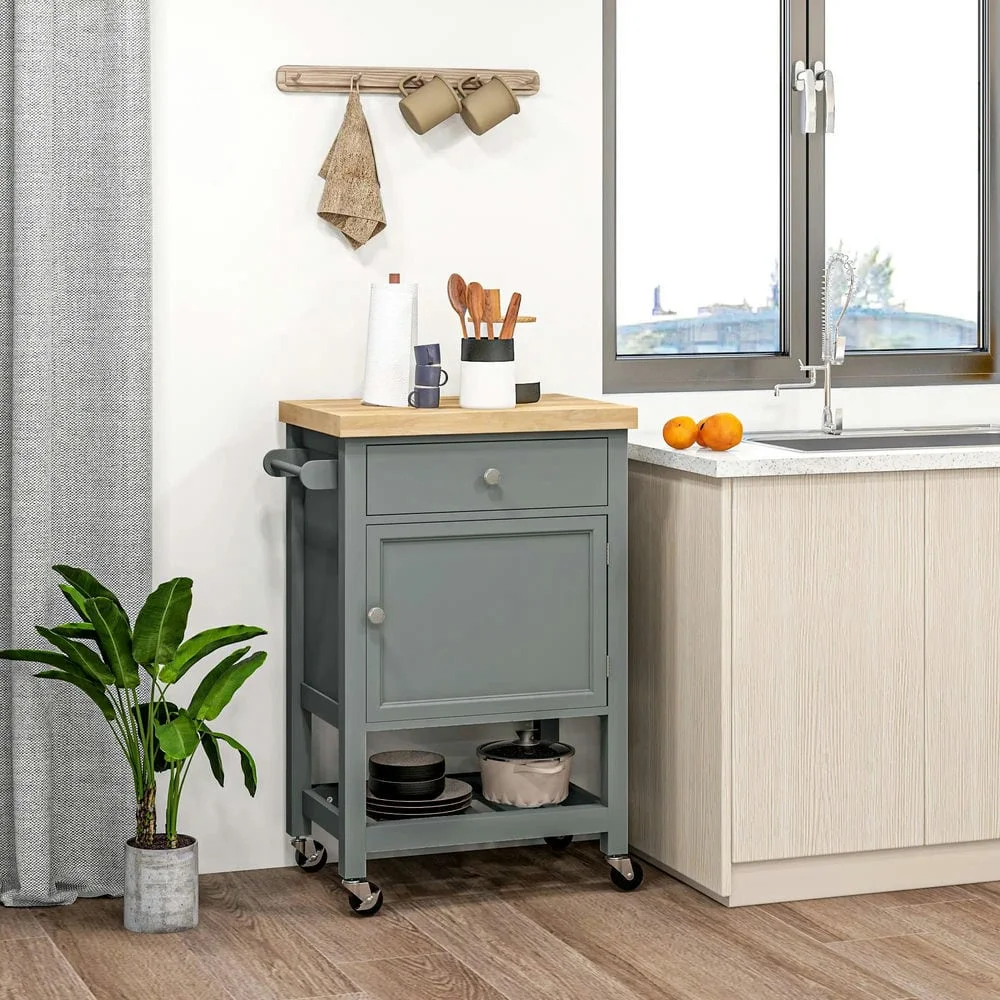 Barara King Kitchen Island, Kitchen Storage Island,Kitchen Island on Wheels, Rolling Kitchen Cart with Drawer, Wine Rack and Cabinet, Gray