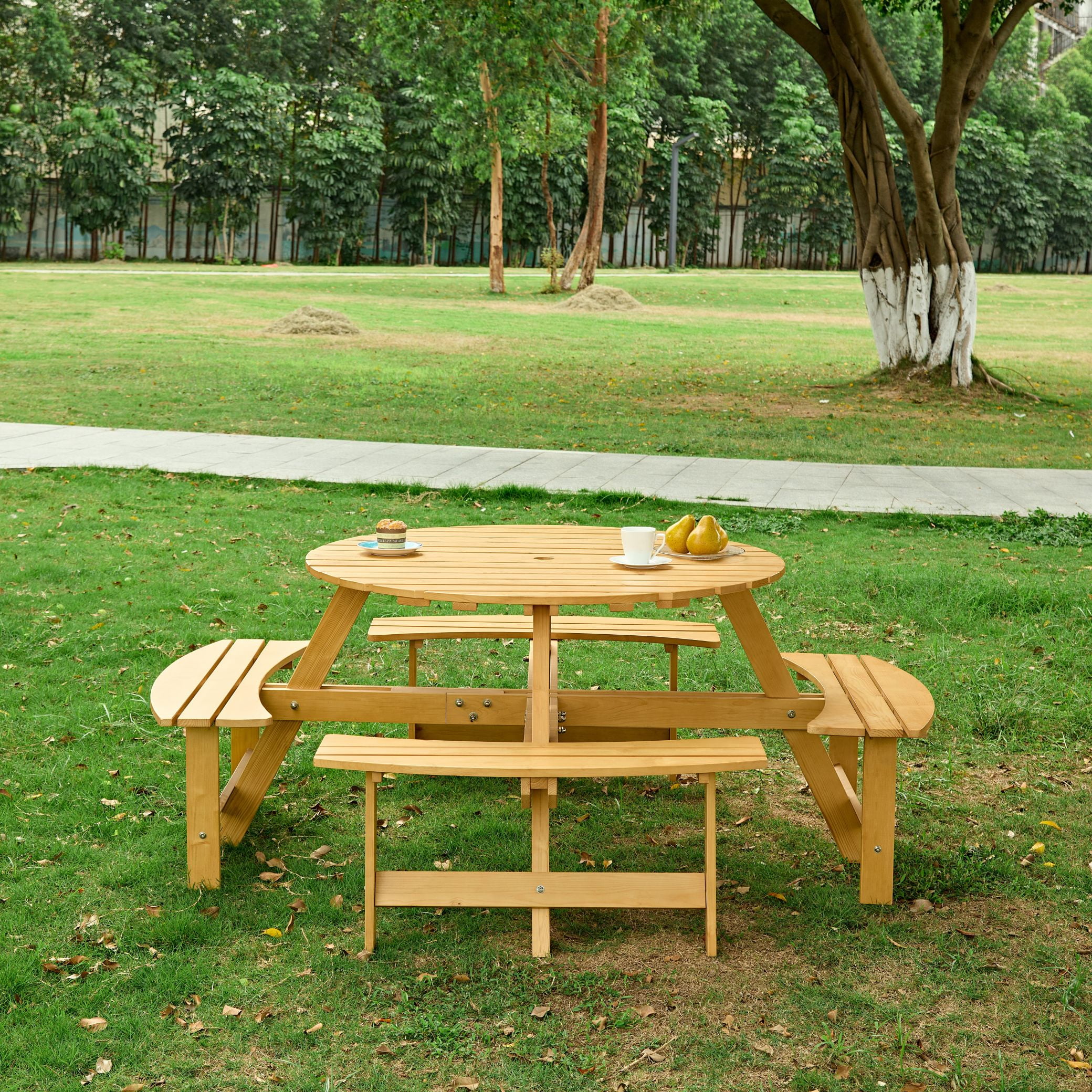 8 Person Wood Picnic Table, Outdoor Round Picnic Table with 4 Built-in Benches, Umbrella Hole, Outside Table and Bench Set for Patio, Backyard, 500lbs Capacity Per Bench