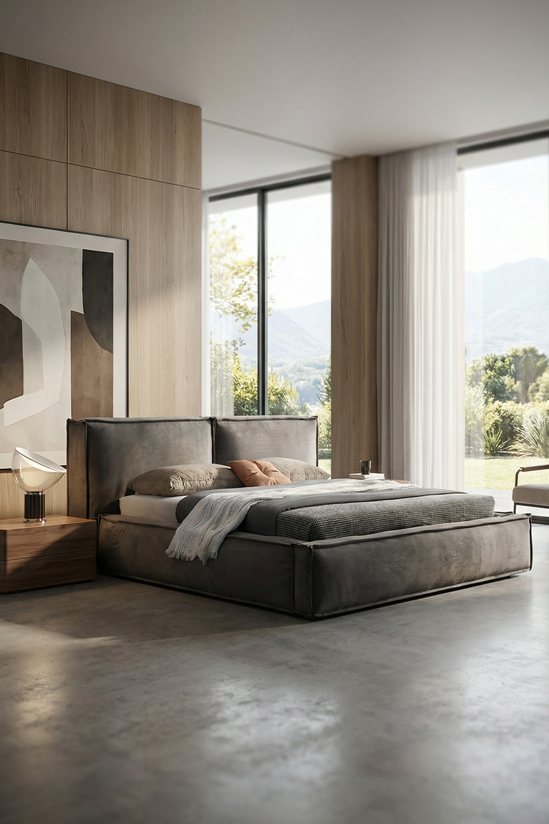 Wabi-sabi style, Italian minimalist design, double bed with dual headrests, floor-standing, high-quality fabric bed