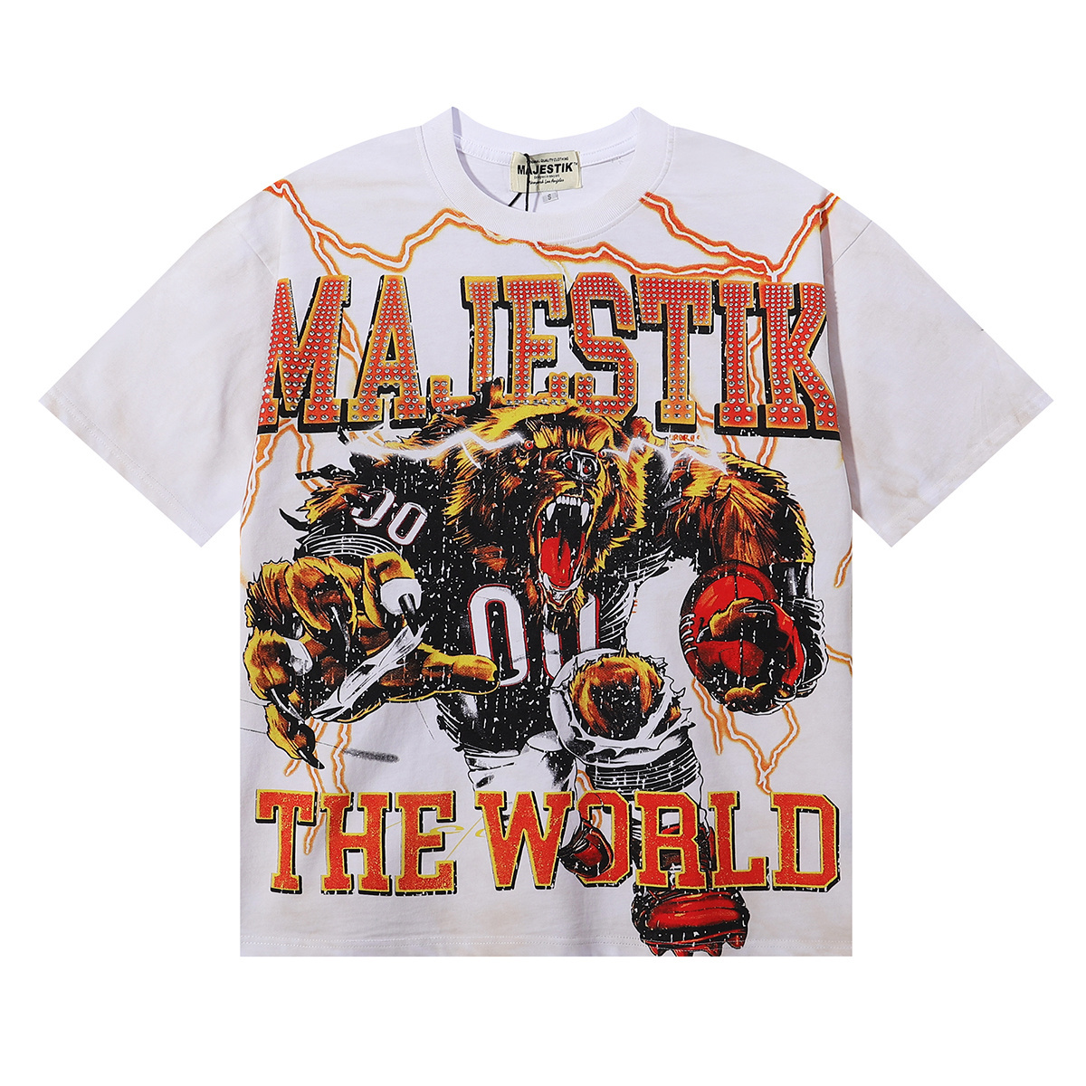 Washing Water Lightning Beast Athlete Print Beaded Short Sleeve Shirt