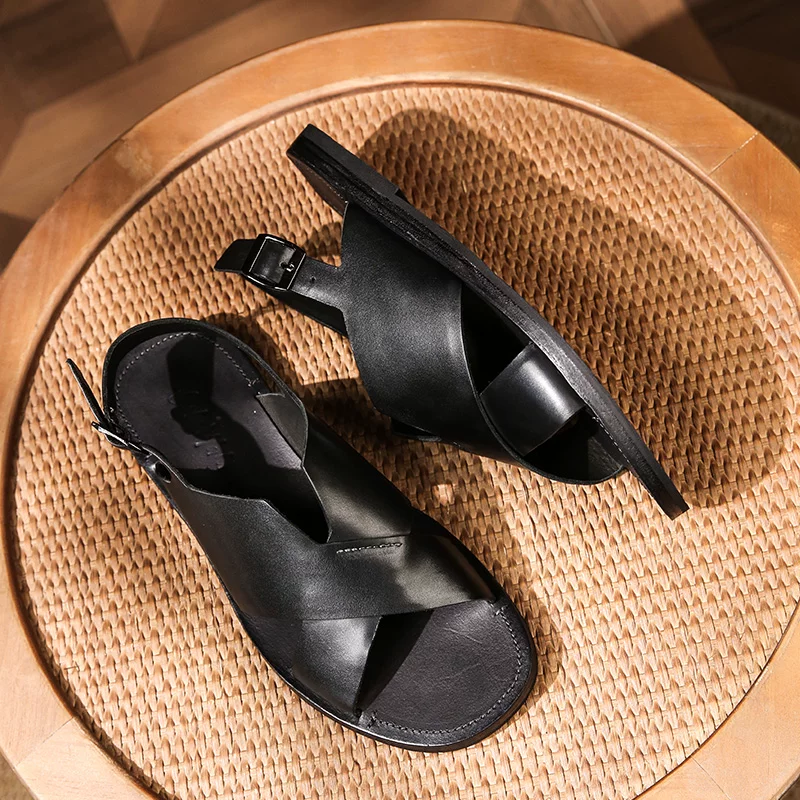 Hand-washed cowhide cross-cool slippers
